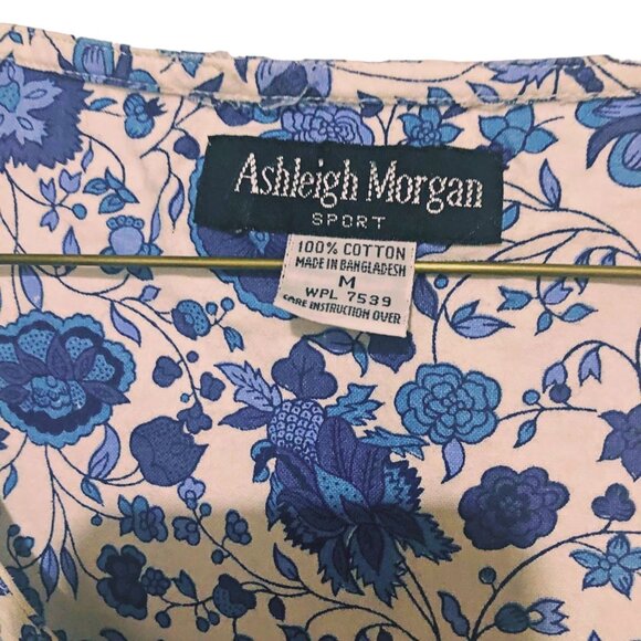 90s Ashleigh Morgan Floral Cotton Jumpsuit M Blue White Pockets Cropped Cuffed - Picture 9 of 10